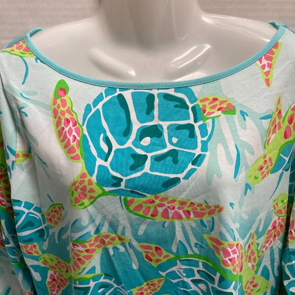Ana Clare Resort Wear Top 3/4 sleeve soft stretchy turtle print turquoise L - Picture 3 of 6
